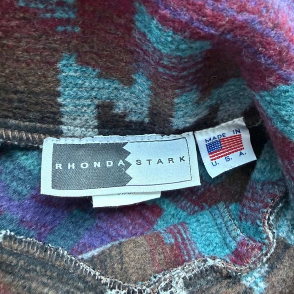Rhonda Stark Southwestern Wool Blend Hooded Poncho Cowl Neck Made in USA Wrap OS - Picture 5 of 6